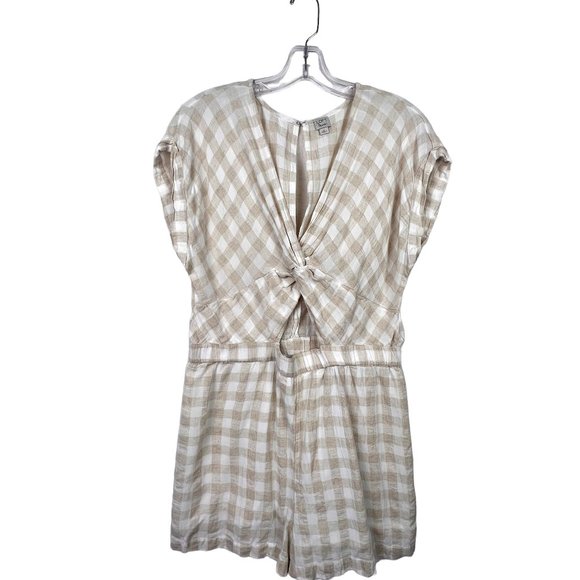 LOFT BEACH Womens M Lightweight Tan Gingham Plaid Gathered Knot Front Romper - Picture 1 of 6